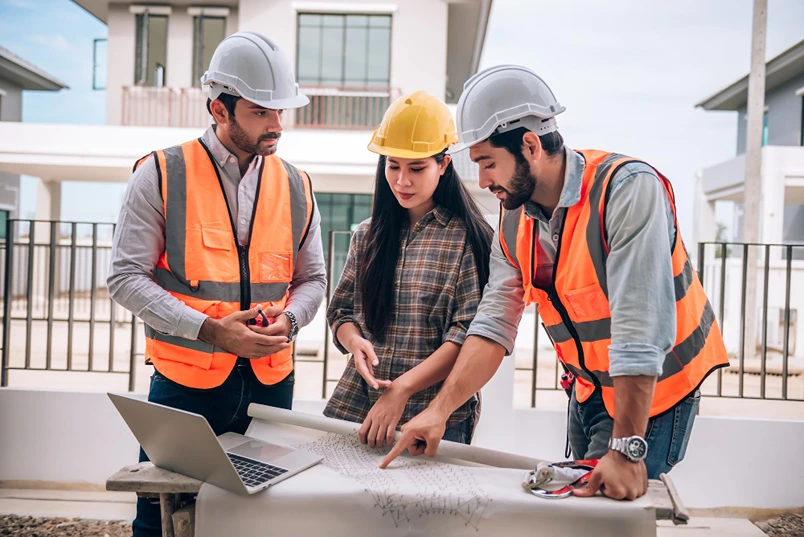 Grupo de engenheiros especialistas em gerenciamento de obras em campinas analisando uma planta de casa